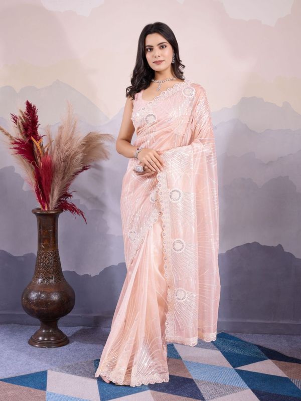 Peach Designer Sequance Embroidery Work Twill Net Saree