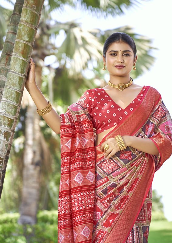Red Wevon Border Designer With Printed Kalamkari Silk Saree