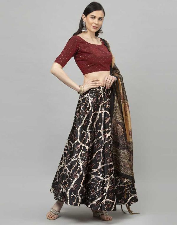 Digital Print Satin Silk Fabric Stitched Lehenga Choli With Jequared Blouse and Assami Silk Thread Work Dupatta For Women and Girls In Festive Party And Traditional Wear