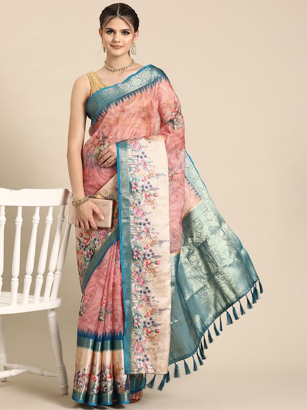 Pink Kanjivaram Silk Floral Printed Zari Woven Saree