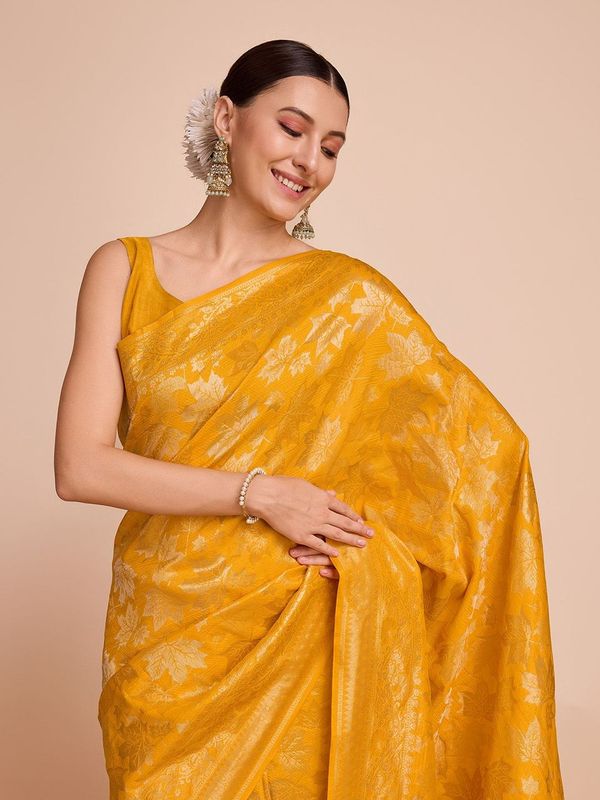 Mustard Weaving Copper Jari Designer Handloom Silk Saree