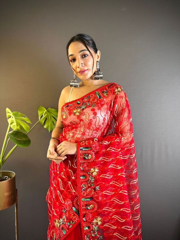 Red Multy Thread Embroidery Work Butterfly Net Saree