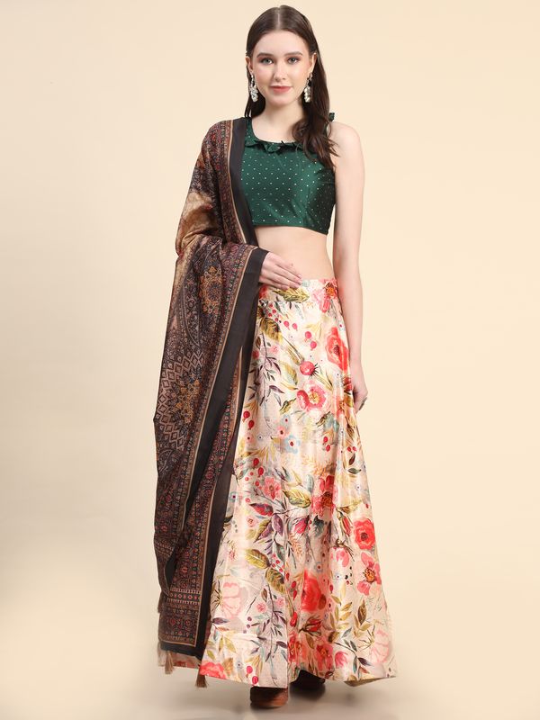 Digital Print Satin Silk Fabric Stitched Lehenga Choli With Jequared Blouse and Assami Silk Thread Work Dupatta For Women and Girls In Festive Party And Traditional Wear