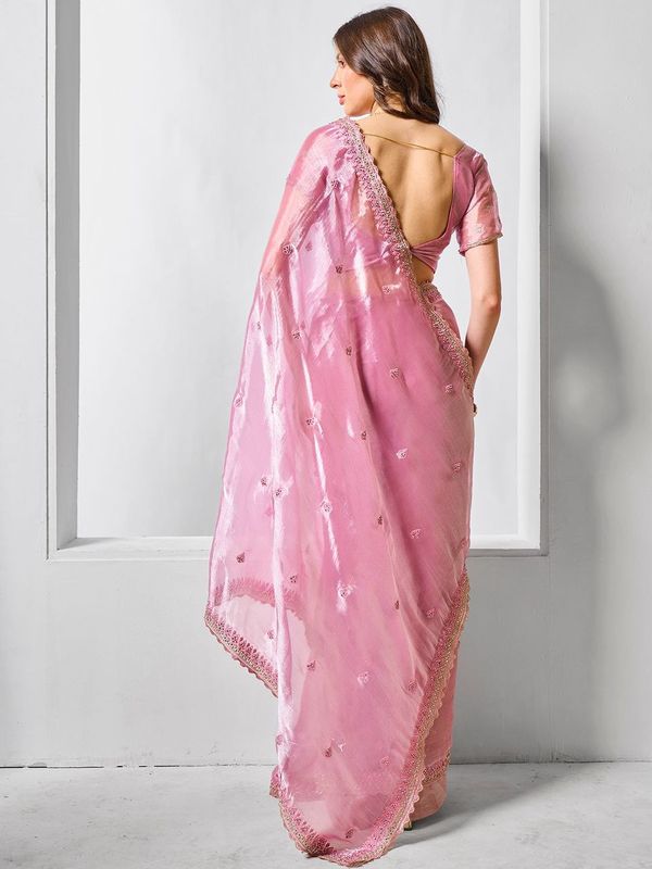 Pink Color Burburry Fabric Bollywood Style Designer Embroidery Work Evening Party Saree