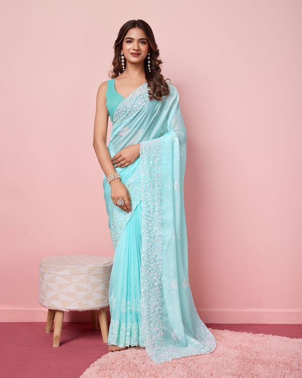 Sky Blue Sequance Embroidery Work Tabby Silk Saree