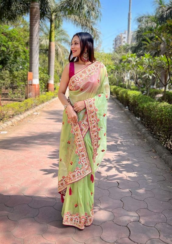 Green Multy Thread & Jari Embroidery Work Silver Tissue Silk Saree