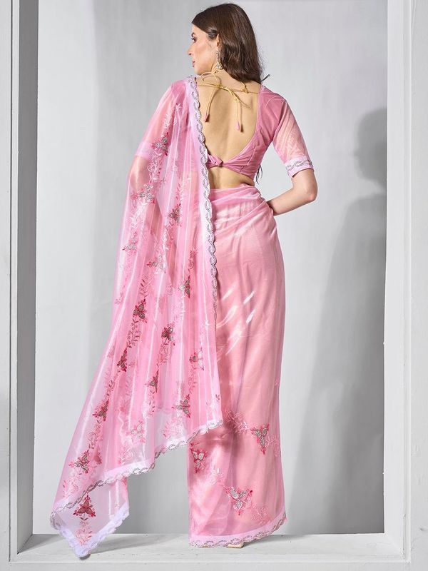 Pink Color Gold Tissue Net Fabric Designer Embroidery Work Ceremonial Partywear Saree