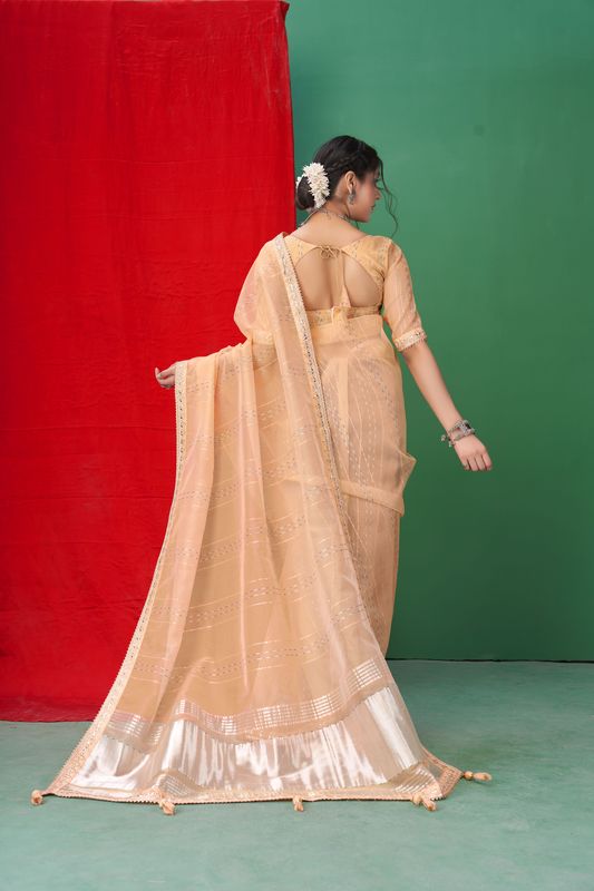 Orange Wevon Lining Designer & Coding & Sequance & Gota Patti Embroidery Work Organza Saree