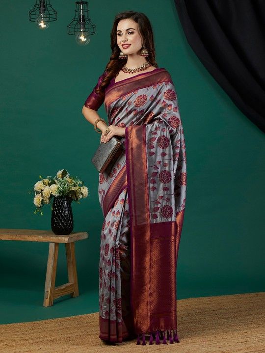 Dark Grey Banarasi Silk Woven Saree With Tassels on Pallu and Stitched Purple Blouse