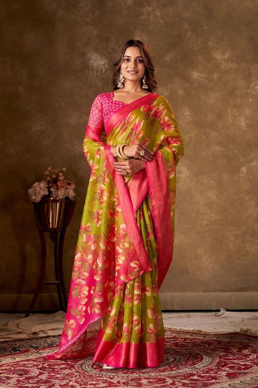 Light Green Cotton Printed Saree and Stitched Pink Blouse