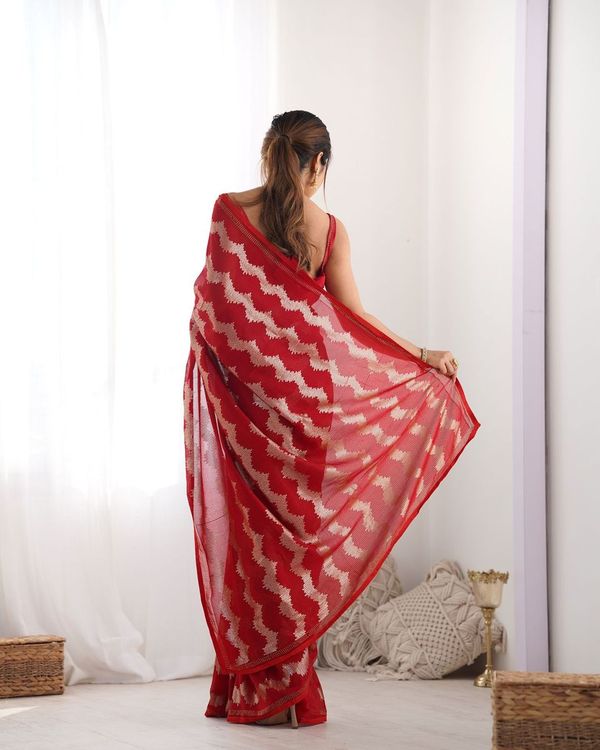 Red Sequance Embroidery Work Border Georgette Saree