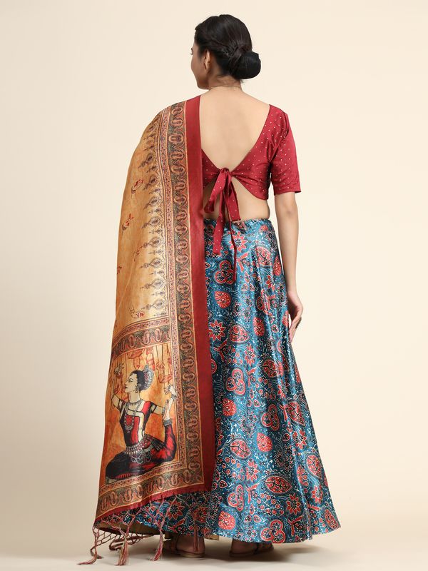 Digital Print Satin Silk Fabric Stitched Lehenga Choli With Jequared Blouse and Assami Silk Thread Work Dupatta For Women and Girls In Festive Party And Traditional Wear