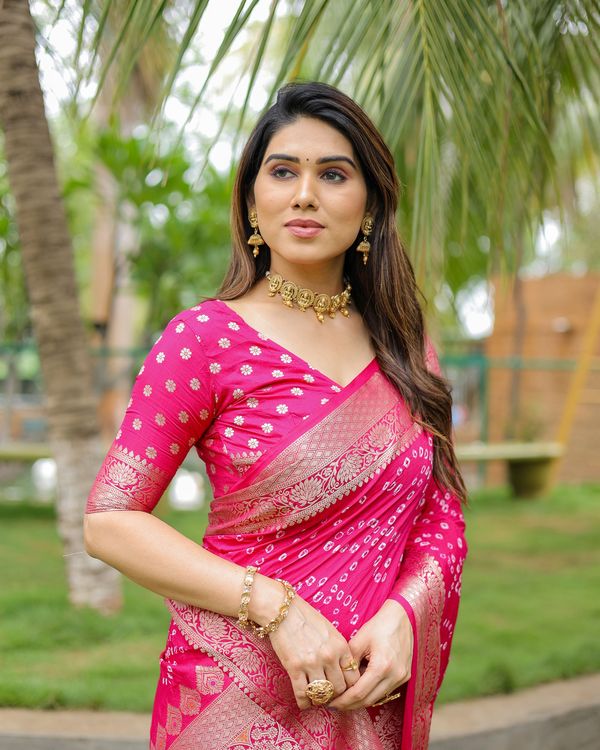 Pink Wevon Designer & Hand Bandhej Dola Silk Saree
