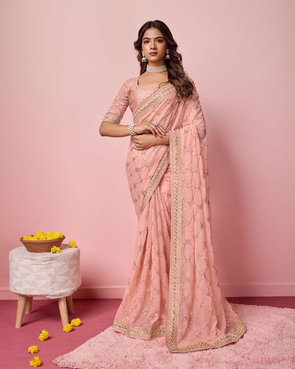 Pink Designer Coding & Sequance Embroidery Work Georgette Saree