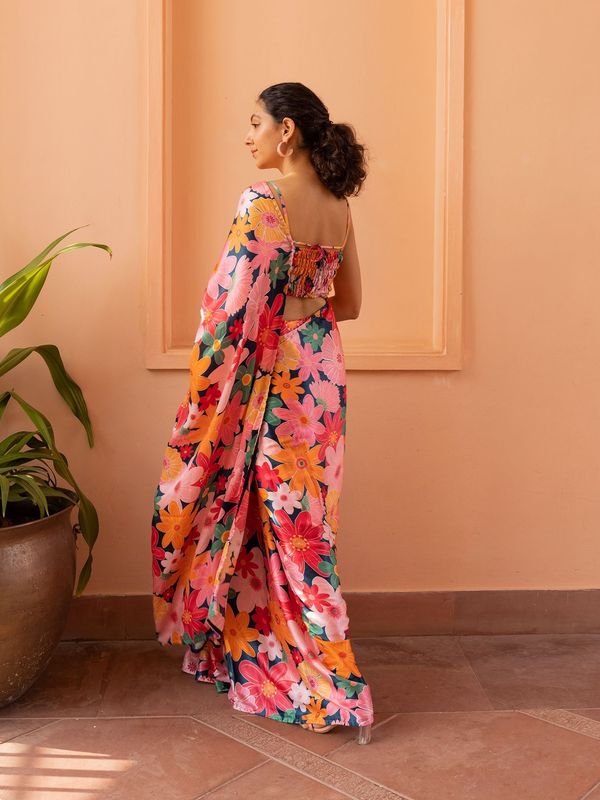Pink Digital Floral Printed Nylon Japan Satin Saree