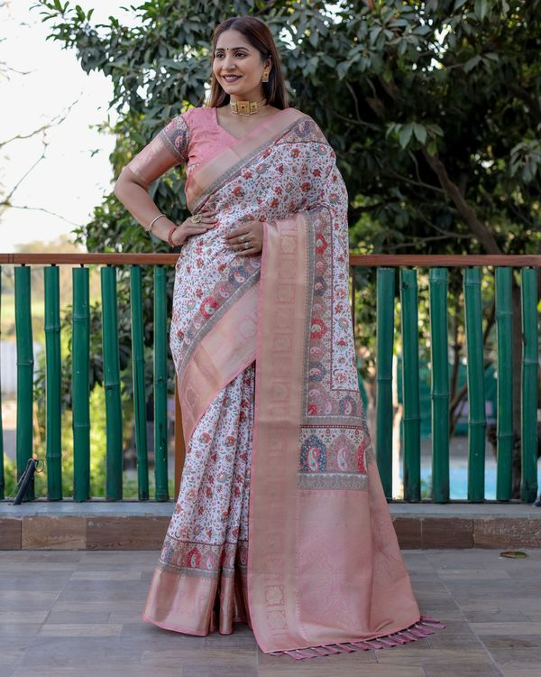 Peach Pashmina Wevon Designer Heavy Looks Saree With Digital Printed
