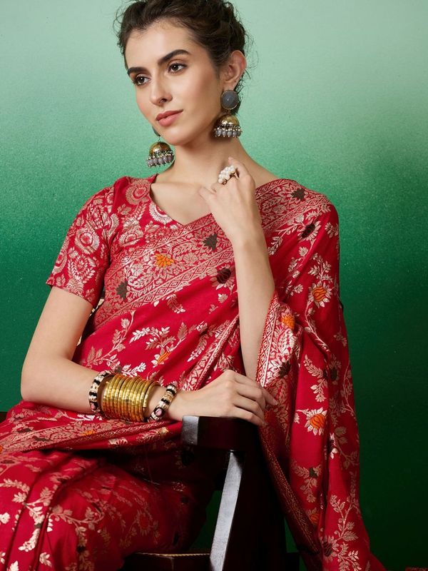 Red Wevon Meenakari Designer Staple Dola Cotton Saree
