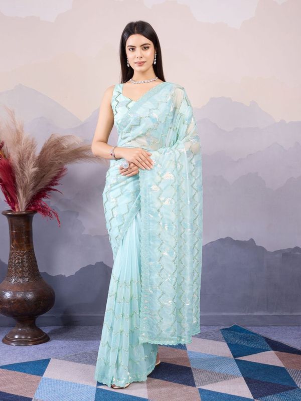 Sea Green Designer Sequance Embroidery Work Twill Net Saree