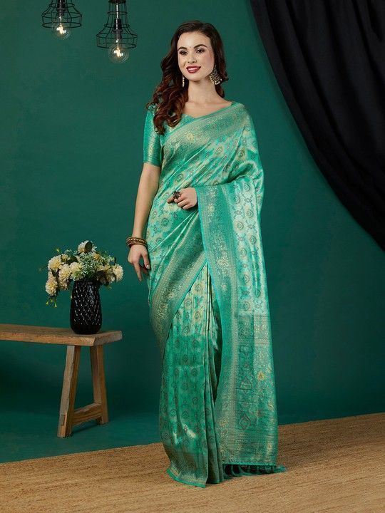 Aqua Kanjeevaram Woven Saree With Tassels on Pallu and Stitched Aqua Blouse