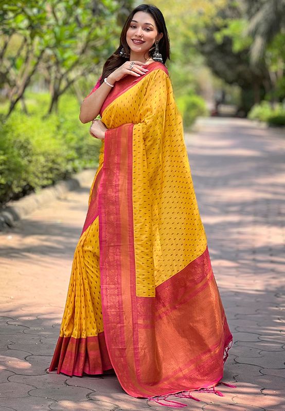 Yellow Color Wevon Copper Butti Designer Soft Silk Ethnic Saree