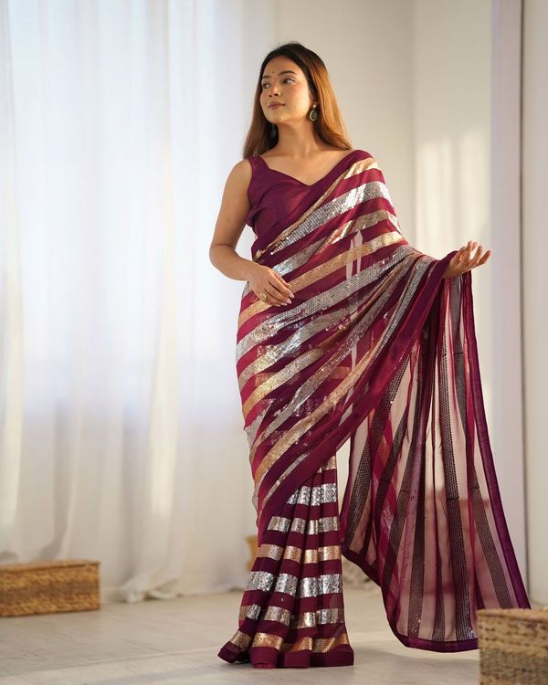 Wine Sequance Embroidery Work Border Georgette Saree
