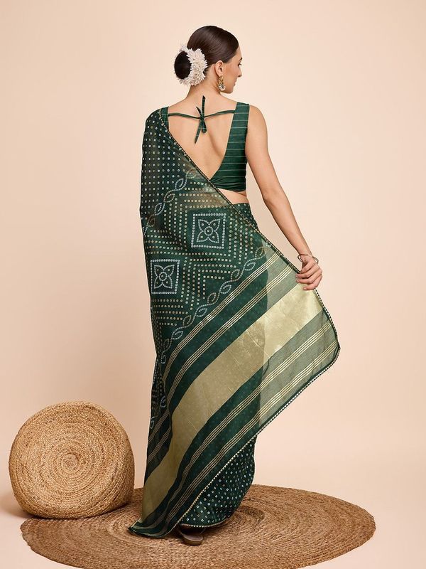 Green Weaving Designer & Bandhani Printed Faux Cotton Saree