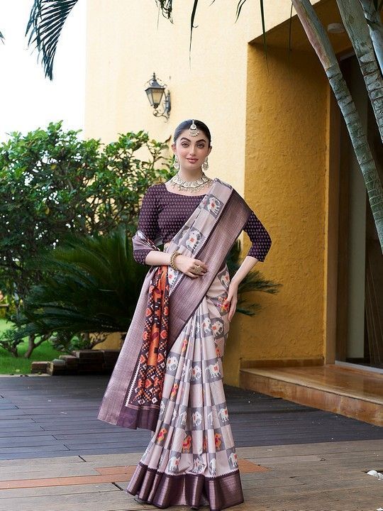 Grey Crepe Digital Print Saree With Tassels on Pallu and Stitched Purple Blouse