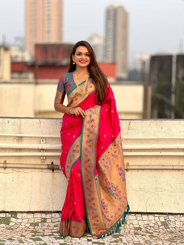 Red Weaving Meenakari Designer Soft Silk Saree