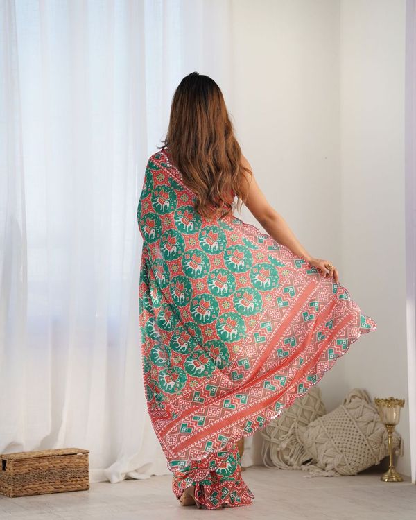 Green Designer Digital Printed & Mirror Cut Work Chinon Saree