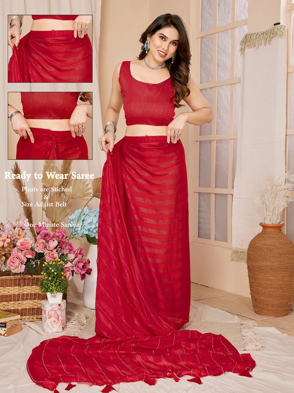Red Wevon Designer & Swarovski Work Georgette Saree