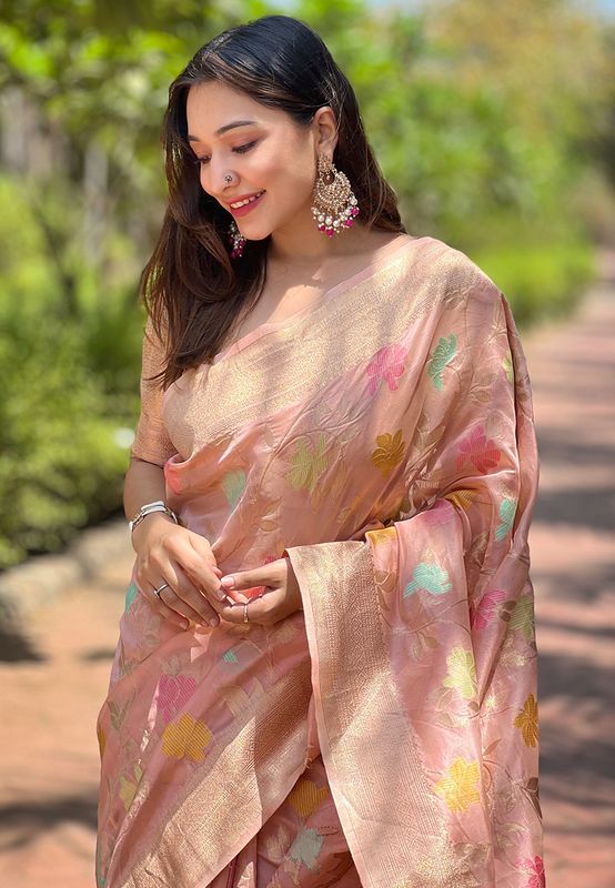 Pink Organza Weaving Meenakari Jaal Designer Ethnic Wedding Style Festive Ceremonial Saree