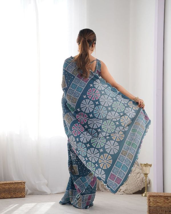 Green Designer Digital Printed & Mirror Cut Work Chinon Saree