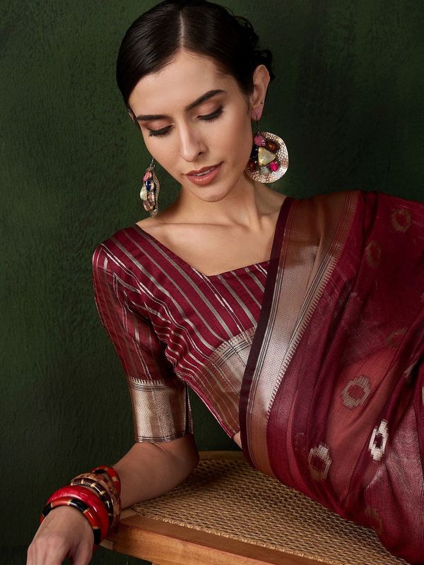 Maroon Wevon Jacquard Designer Khadi Organza Saree