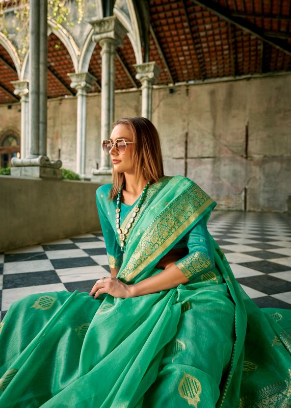 Mint Green Weaving Designer Tissue Silk Saree