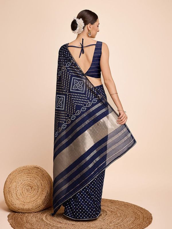 Nevy Blue Weaving Designer & Bandhani Printed Faux Cotton Saree