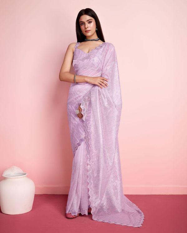 Purple Thread & Sequance Embroidery Work Silver Twill Net Saree