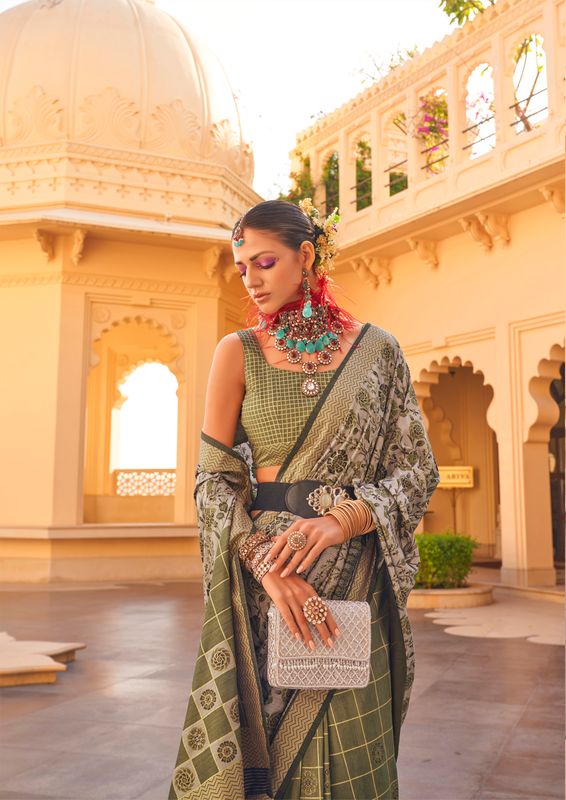 Green Wevon Border Designer & Printed P V Silk Saree
