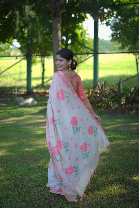 Rich Looks Floral Printed Off White Color Muga Cotton Saree For Sophisticated Looks