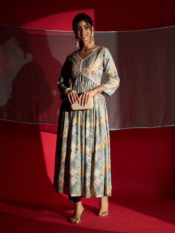 Blue Pure Rayon A-Line Kurta