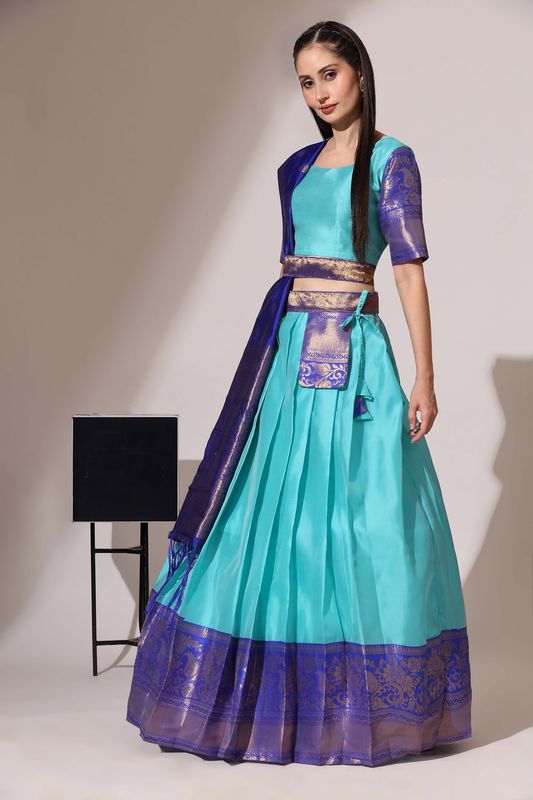 Light Blue Lichi Silk Jacquard Work Lehenga