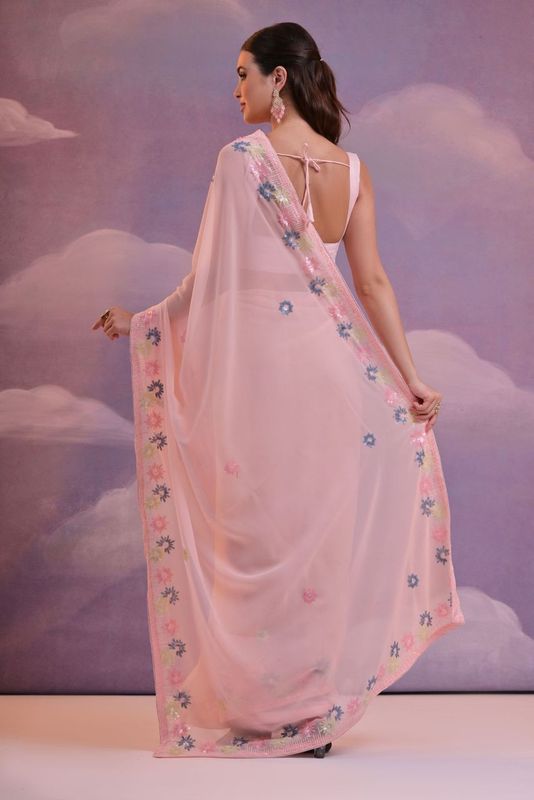 Pink Designer Sequance Embroidery Work Georgette Saree
