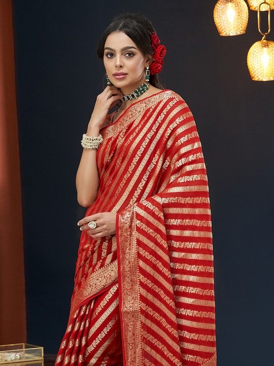 Red Georgette Leheriya Saree With Tassels on Pallu and Stitched Red Blouse