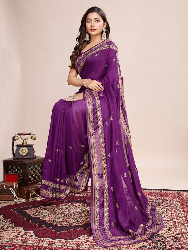 Voilet Designer Embroidery Work Vichitra Silk Saree
