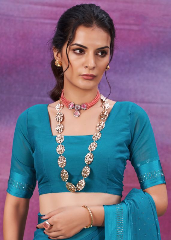 Peacock Blue Wevon Patta Designer With Swarovski Work Chiffon Saree