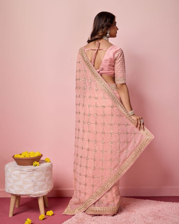 Pink Designer Coding & Sequance Embroidery Work Georgette Saree