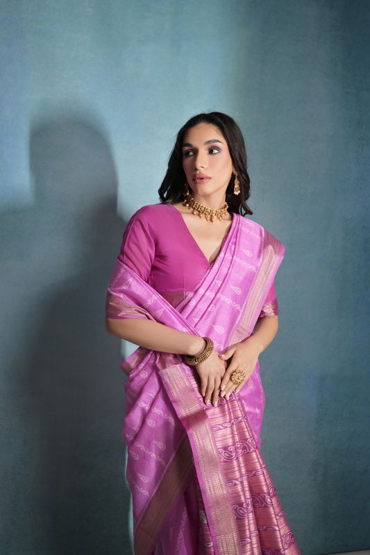 Pink Weaving Ikkat Designer Tusser Silk Saree