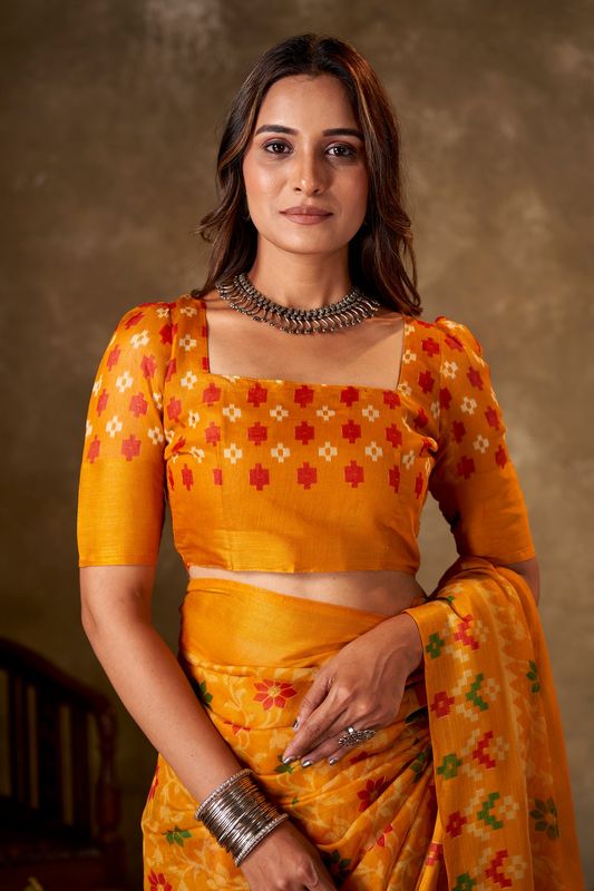 Yellow Cotton Printed Saree and Stitched Yellow Blouse