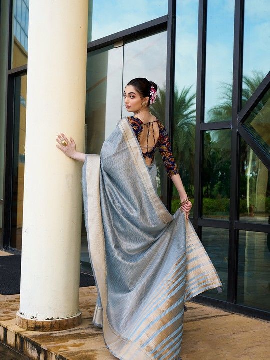 Grey Khadi Striped Saree and Stitched Multi Blouse