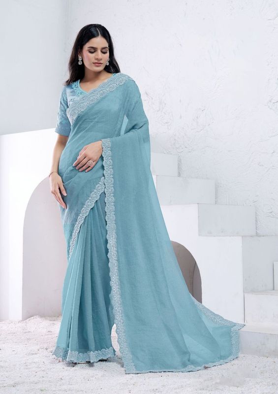 Aqua Blue Diamond with Hand Work Crush Silk Saree