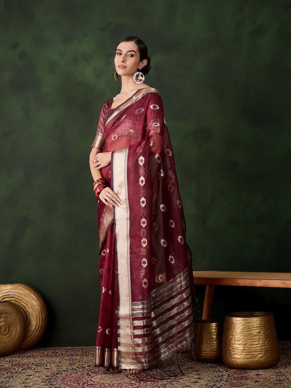Maroon Wevon Jacquard Designer Khadi Organza Saree